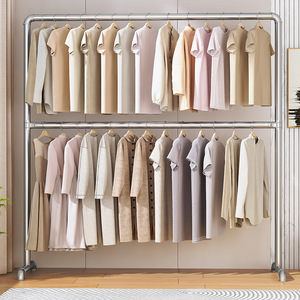 Double Layer Clothes Rack Floor <b>Standing</b> Adjustable Height Drying Rod For Bedroom Balcony Storage Organizer - Product Image 2