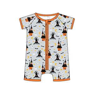 New Design Halloween Pattern Wholesale Bamboo Jumpsuit Girl Onesie Pumpkin Pattern Girls Clothes For Halloween