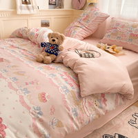 Ensemble de literie en coton pur lavé, directement de l'usine, 4 pièces, motif de dessin animé mignon, couleur unie, housse de couette, adolescents, enfants, en vrac