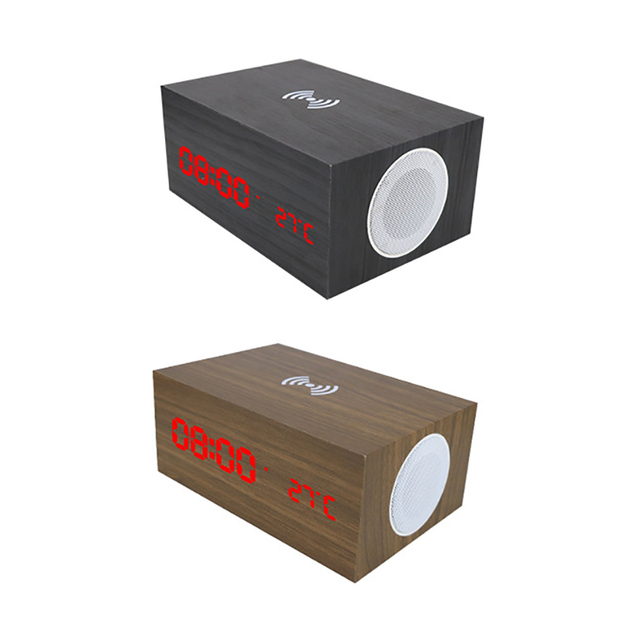 Hot Modern 3 in 1 Multifunctional Desk square LED Digital Sound Control Clock Wooden Alarm Clock Wireless Charger Speaker