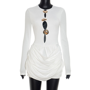 Robe mini moulante à manches longues en métal découpé pour femme - Robes à ourlet froncé tendance - Product Image 6