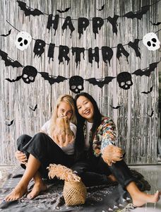 Striscione Nero Glitterato 'Buon Compleanno' per Halloween, Adesivi 3D a Forma di Pipistrelli e Teschi per Decorazioni di Feste Horror - Product Image 5