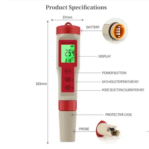Testeur de qualité de l'eau multifonctionnel étanche (pH/TDS/EC/Temp) avec rétroéclairage, plage de pH 0,00-14,00, plage de TDS 0,1-60,0°C, pH TDS Temp, P - Product Image 1