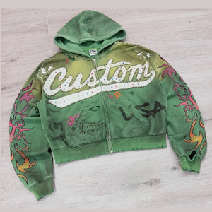Sweat à capuche zippé pour homme, style streetwear, avec applique brodée de strass, personnalisable OEM, 400 g/m², grammage lourd, effet vieilli et usé - Product Image 1