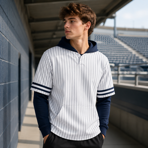 Camiseta de Béisbol Personalizada para Hombre, con Capucha y Rayas, Estilo Henley, de Manga Corta, con Logotipo del Equipo, Estilo Urbano - Product Image 1