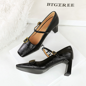 8293-1 <span class=keywords><strong>Scarpe</strong></span> da Donna Stile Europeo e Americano con Tacco Alto Punta Quadrata Tacco Spesso Basso Profilo Tacco Sottile Fibbia in Metallo - Product Image 3