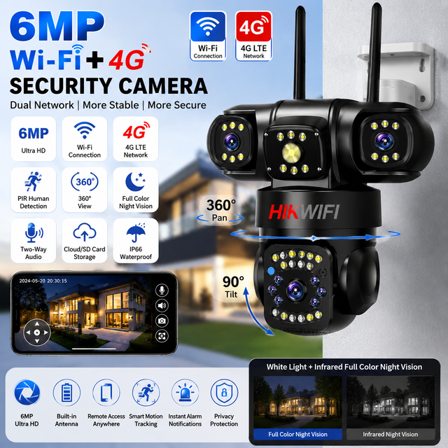 HIKWIFI Outdoor 6MP Three Lens Cctv Camera Wifi Security IP66 Waterproof Motion Detection Alarming V380 4G Camera