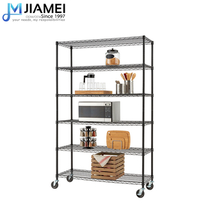 JIAMEI丸管金属ワイヤー棚黒色粉体塗装ワイヤー棚ユニットホイール付き6層金属ラック - Product Image 5