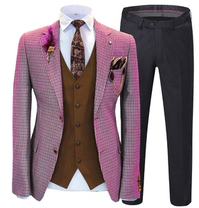 Offre Spéciale Plaid <span class=keywords><strong>Tweed</strong></span> hommes trois pièces costume hommes costume marron formel 3 pièces Slim Fit châle revers doux mariage garçons d'honneur blazer - Product Image 2