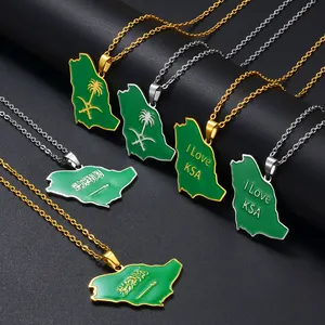 Mappa dell'arabia saudita con collana con ciondolo smaltato verde regno dell'arabia saudita simbolo gioielli KSA donna uomo #305201