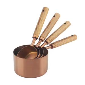 Ensemble de 8 tasses et cuillères à mesurer en acier inoxydable, accessoires de cuisine en cuivre or Rose avec poignée en bois