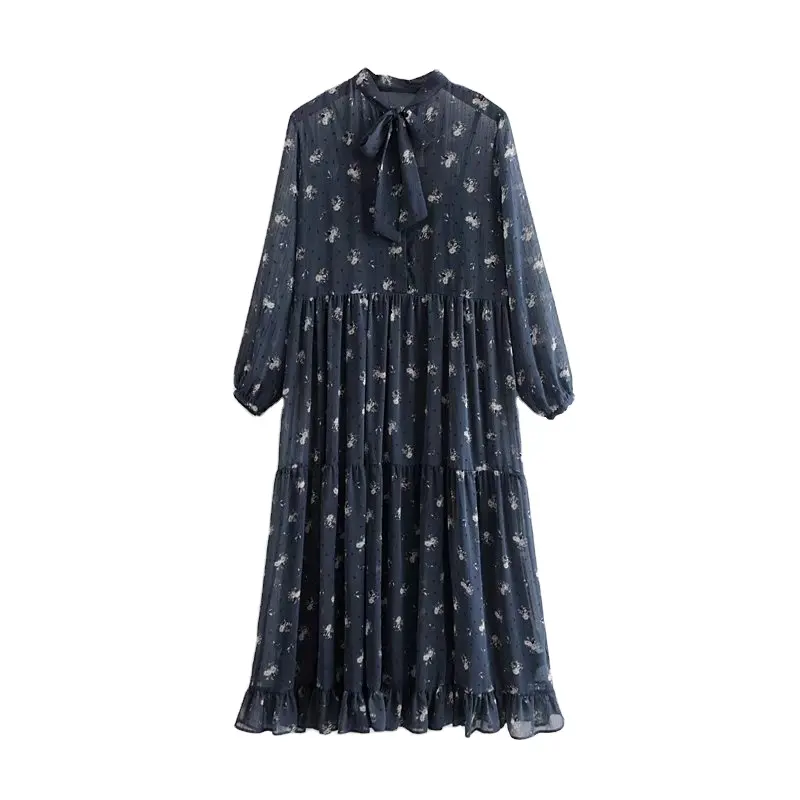 Robe midi en tissu double couche pour femmes, vêtement décontracté, imprimé floral, avec nœud sur le col, longueur des genoux, doux, automne