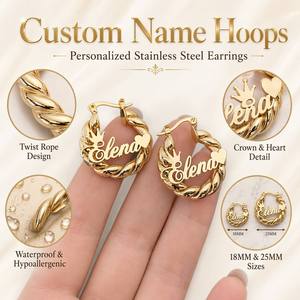 <span class=keywords><strong>Orecchini</strong></span> a Cerchio Personalizzati in Acciaio Inossidabile, Design a Corda Intrecciata, Impermeabili, Ipoallergenici, con Dettagli Corona e Cuore, 18MM 25MM - Product Image 1