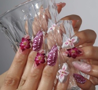 Ongles à presser en acrylique 3D gaufrés, motif fleur de pomme de pin, perle, goutte d'eau, dégradé, forme amande, options de logo personnalisables