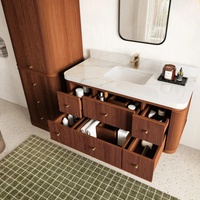 Meuble de salle de bain moderne sur pied personnalisé avec grand rangement, comptoir en marbre cannelé, miroir intelligent – Solution complète pour salle de bain