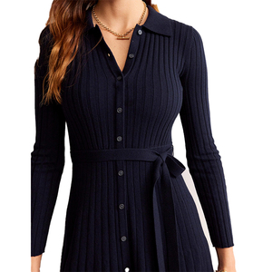 Venta al por mayor logotipo personalizado de alta calidad de manga larga cuello de polo Cinturón <span class=keywords><strong>Azul</strong></span> <span class=keywords><strong>Marino</strong></span> plisado de <span class=keywords><strong>lana</strong></span> de algodón de punto <span class=keywords><strong>vestido</strong></span> de suéter de las mujeres - Product Image 3