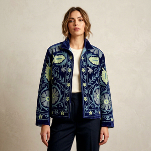 Chaqueta Bomber de Terciopelo con Bordado Floral para Mujer, Forro de Algodón, Elegante Diseño Botánico, Cuello Alto, Manga Larga, Venta al Por Mayor - Product Image 1
