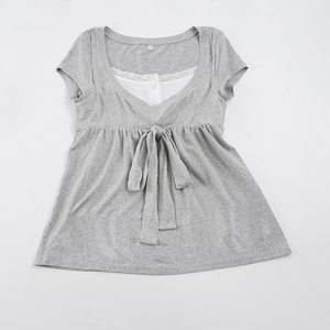 Camiseta de Mujer Gris con Encaje, Cuello Cuadrado, Cintura Ajustable, Estilo Babydoll, Casual, Holgada, Manga Corta, Novedad Verano 2026 - Product Image 6