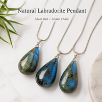 Collier pendentif goutte d'eau en labradorite naturelle avec attache grain de melon et chaîne serpent – Cadeau bijou