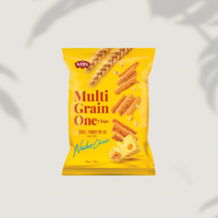 Chips multigrains saveur fromage nacho, céréales complètes enrichies, texture croustillante avec une riche poudre de fromage, arôme savoureux