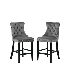 Ensemble de 2 tabourets de bar gris, capitonnés en velours, pieds en bois, garniture cloutée, style contemporain, mobilier de bar pour la maison - Product Image 1