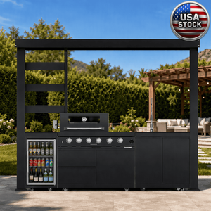 US Warehouse Stock All Season Garden Black Stainless Steel Mobile Gas BBQ Grill Sink Fridge Roof Outdoor Kitchen with Shed - Product Image 1