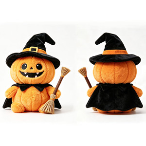 Poupée en peluche visage de citrouille d'Halloween, motif chauve-souris, chapeau de sorcière et balai, décoration de table, cadeau - Product Image 2