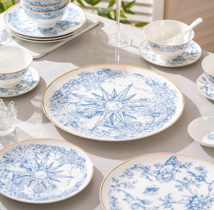 Classic Blue-and-White Ceramic Dinnerware <b>Set</b> Round Plates with Gold Rim Plant Pattern <b>Serving</b> <b>Dishes</b> for Wedding - Product Image 1