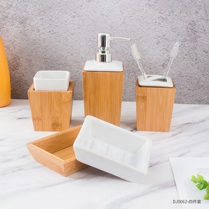 Wholesale Promotional Modern Design Customized logo White Ceramic Bathroom <strong>Accessories</strong> Set with Bamboo - Product Image 2