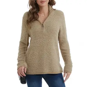 Top a maniche lunghe da donna maglione color cachi con cerniera 1/3 maglia pelosa maglia pesante e caldo con collo alto vestito Casual in maglia autunnale