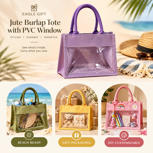 Bolsas de Yute Extra Grandes al por Mayor con Ventana Transparente y Patrón de Letras, Asa Larga, Portátiles, para Regalos y Compras - Product Image 2