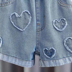 Nuovi <span class=keywords><strong>Shorts</strong></span> in Denim con Motivo a Cuore per Bambine, Estivi, Ecologici, con Vita Media Elasticizzata, Casual - Product Image 4
