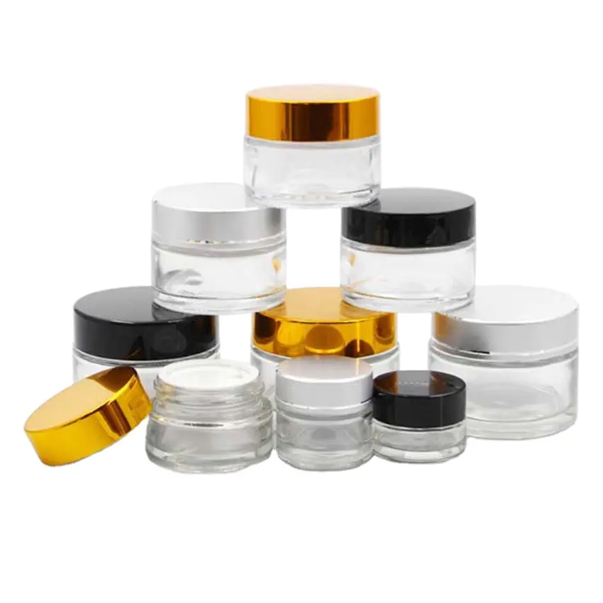 1oz 2oz 4oz 100ml clear transparent Cosmetic Containers Amber Glass Cosmetic Packaging Cream Jar with gold lid and Silver cover
