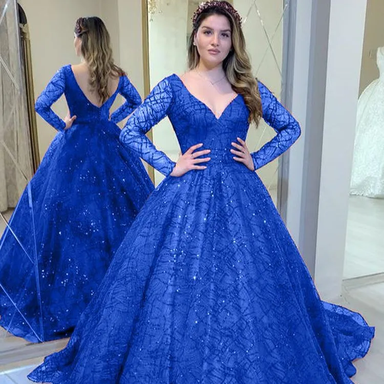 Plus Size Blue Color Wedding Dresses Sexy V-neck Long Sleeve Beaded Sequin Party Evening Dresses Ball Gowns