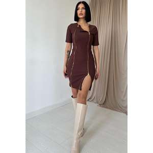 Vestido Ajustado Marrón, Cuello Redondo, Tejido de Punto, Cintura Ajustada, Uso Diario, Estilo Casual, Diseño Simple, Tela Transpirable - Product Image 4