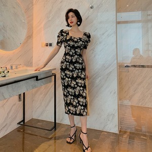 <span class=keywords><strong>ZY</strong></span>.HT Verano Nuevas mujeres Retro Slim Bag Hip cuello cuadrado Vestido estampado - Product Image 1