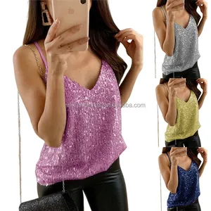 Glitter Womens Tanks Top Plus Size S-5X Loose Navy Soft Sleeveless Blouse Silver Camisoles Sequin Tank Top Women