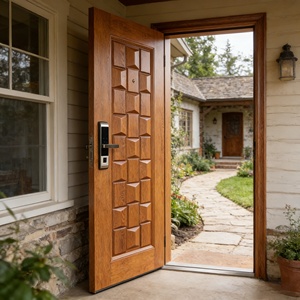 Porte latérale en acier et bois de qualité supérieure, porte d'entrée de sécurité moderne de luxe à grain de bois, antivol pour villa et extérieur résidentiel - Product Image 3