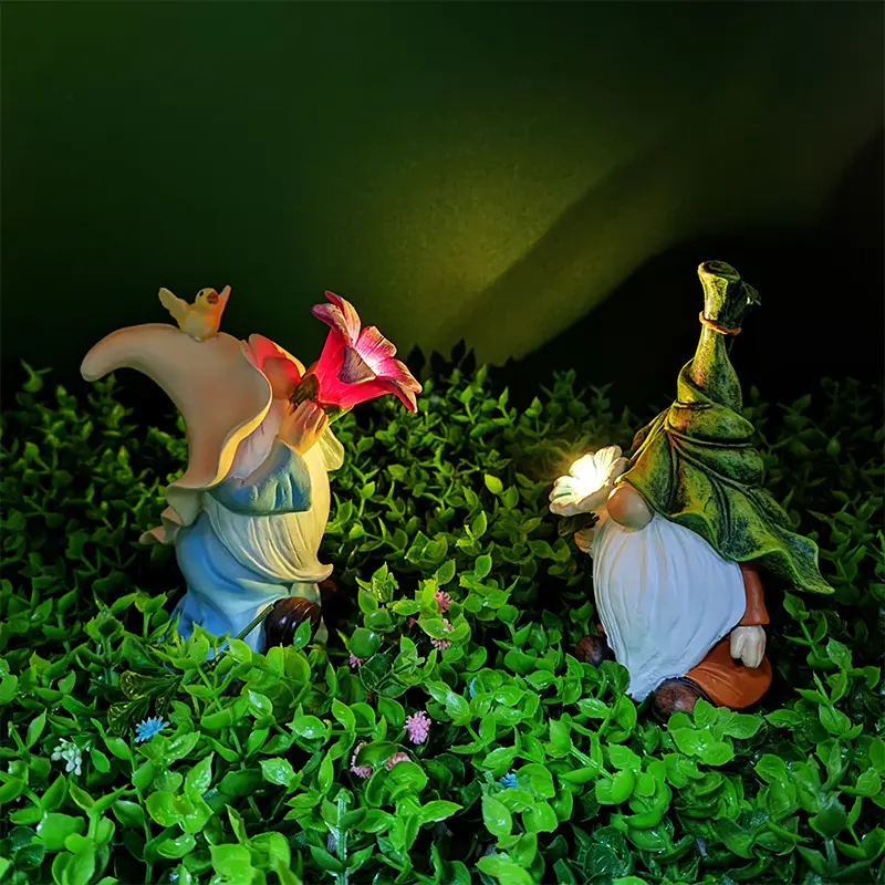 Resin Gnome Figurine Playing Flower Trumpet With Solar Led Lights,Outdoor Summer Decoration For Patio Yard Lawn