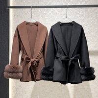 Manteau double face noir et marron sur mesure, avec poignets en fourrure de renard véritable détachables et ceinture, fabrication OEM, vente en gros, marque privée pour boutiques