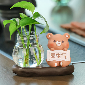 <b>Cute</b> Pig And Dog Resin Figurine With Glass Vase Plant Set 2Pcs Desk Decor Office Gift - Product Image 4