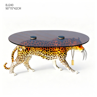JINGYUE BJ240 Sculpture de léopard grandeur nature personnalisée en usine, table basse en résine avec plateau en verre trempé, art animalier écologique