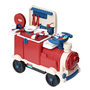 코알라 일기 작은 기차 장난감 세트 다기능 놀이 집 아기 전기 주방 기차 어린이 장난감 자동차는 사람들을 앉을 수 있습니다