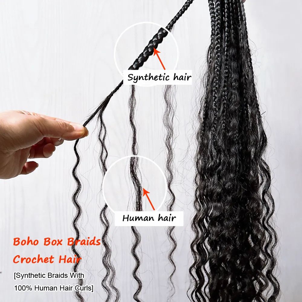 Tranças de crochê exclusivas para cabelo humano, tranças boho pré-loop, tranças com cabelo virgem cru encaracolado