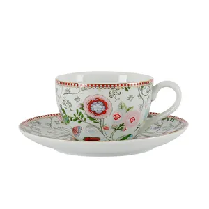 OEM zarif çiçekli seramik kahve fincan ve çay tabağı porselen restoran çay bardağı fincan tabağı seti