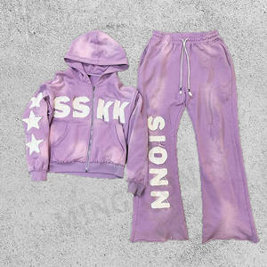 Diseño de pegatina bordado Streetwear Heavyweight Boxy Vintage Sudadera con capucha y pantalones Set Washed Sweatsuit Hombres - Product Image 1