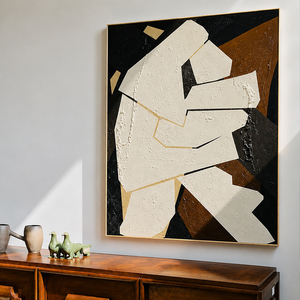 Pintura al Óleo Abstracta Cubista con Figuras Abrazadas, Estilo Impasto, en Tonos Crema, Negro y Marrón, Abstracción Geométrica, Pintada a Mano sobre Lienzo, Decoración de Pared - Product Image 1
