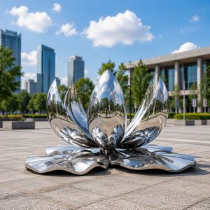 Grande sculpture de fleur de lotus en acier inoxydable poli miroir, fontaine d'eau, statue de jardin extérieure, décoration d'art public moderne - Product Image 5