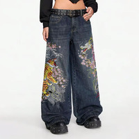 Pantalon en jean brodé épais Rétro Dragon Tigre Fleur de cerisier - Bleu délavé, coupe ample, jambe large, coupe droite, évasé