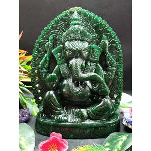 Estatua de Ganapati tallada en Aventurina Verde Oscuro - Ídolo del Dios Ganesha en Cristales/Piedras Preciosas - Reiki/Chakra/Cura/Energía - 9 pulgadas - Product Image 1